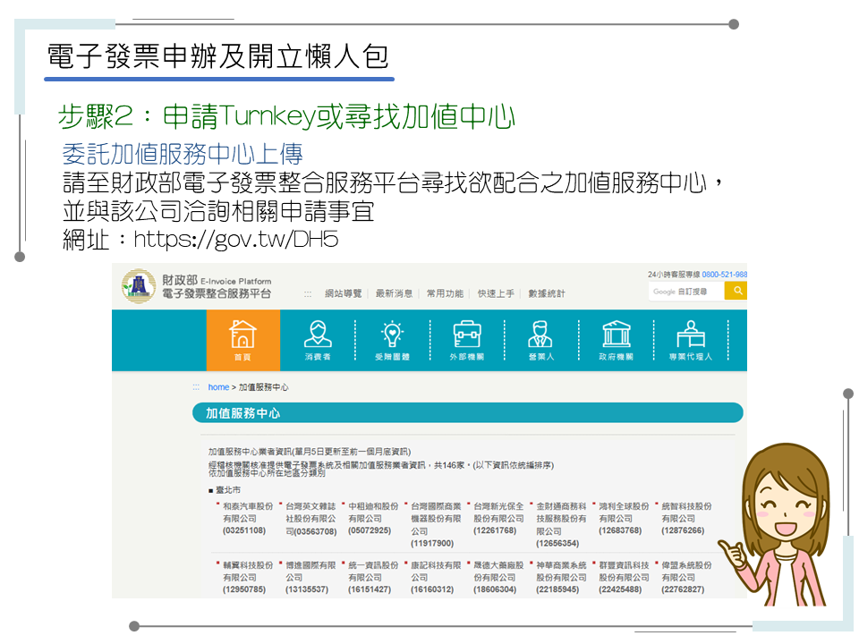 申辦電子發票有五大步驟-步驟2：申請Turnkey或尋找加值中心-委託加值服務中心上傳